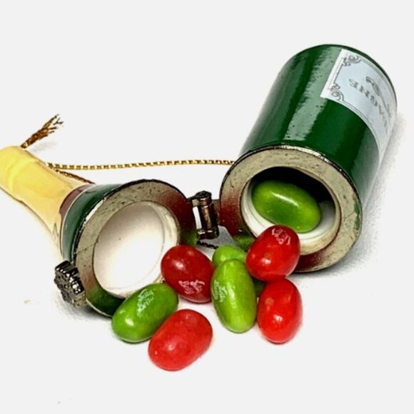 Champagne Bottle Porcelain Hinged Surprise Gift Trinket Box Christmas Ornament - Picture 2 of 4